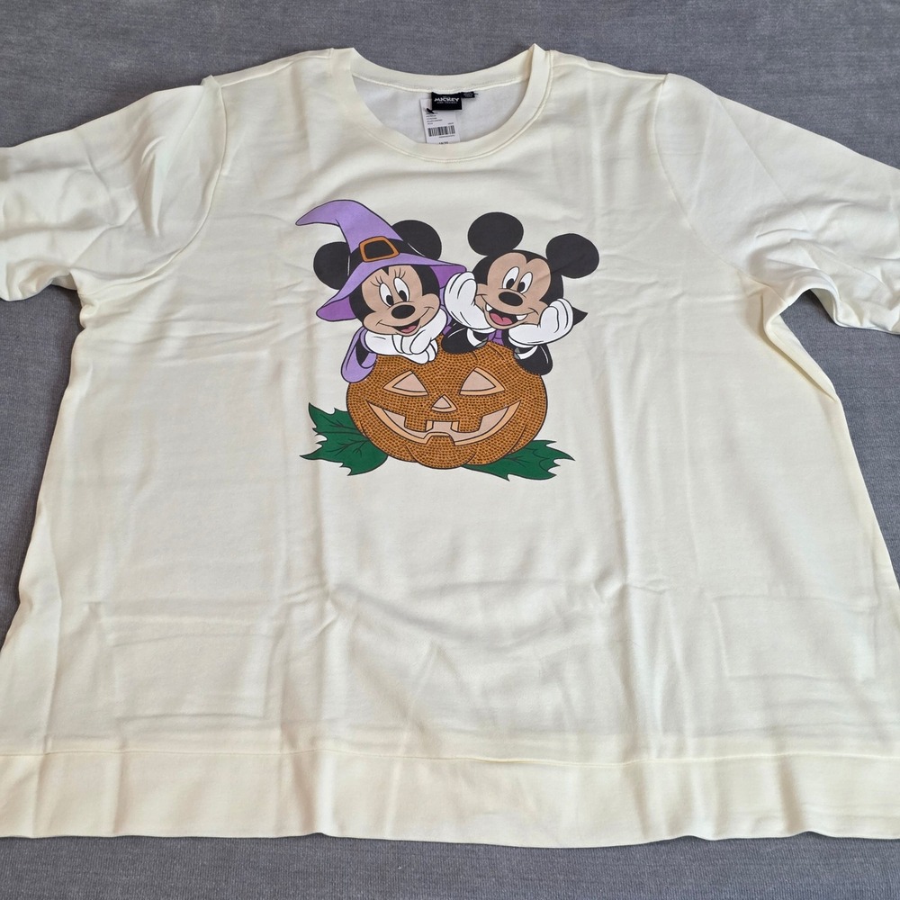 Disney Halloween Sweatshirt Womens 18/20 Cream Mickey Minnie Pumpkin Rhinestone